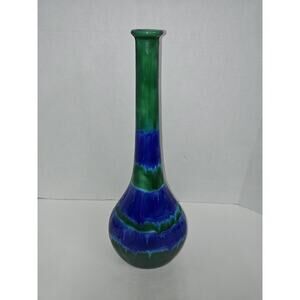 Vintage Ceramic Pottery Vase Blue & Green Drip Glaze MCM Decor Signed Leona 1989